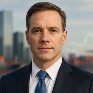 Confident American businessman in suit standing before a skyline and trade visuals, representing leadership during the US-China trade war