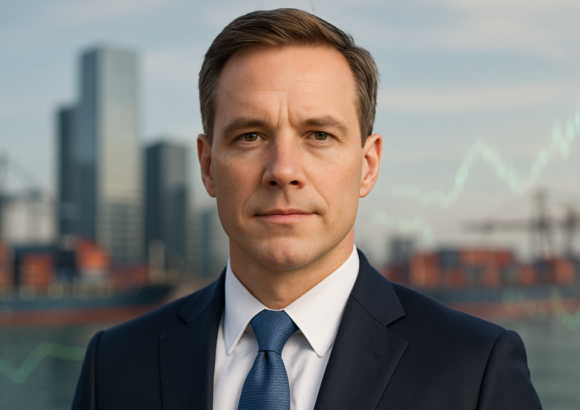 Confident American businessman in suit standing before a skyline and trade visuals, representing leadership during the US-China trade war