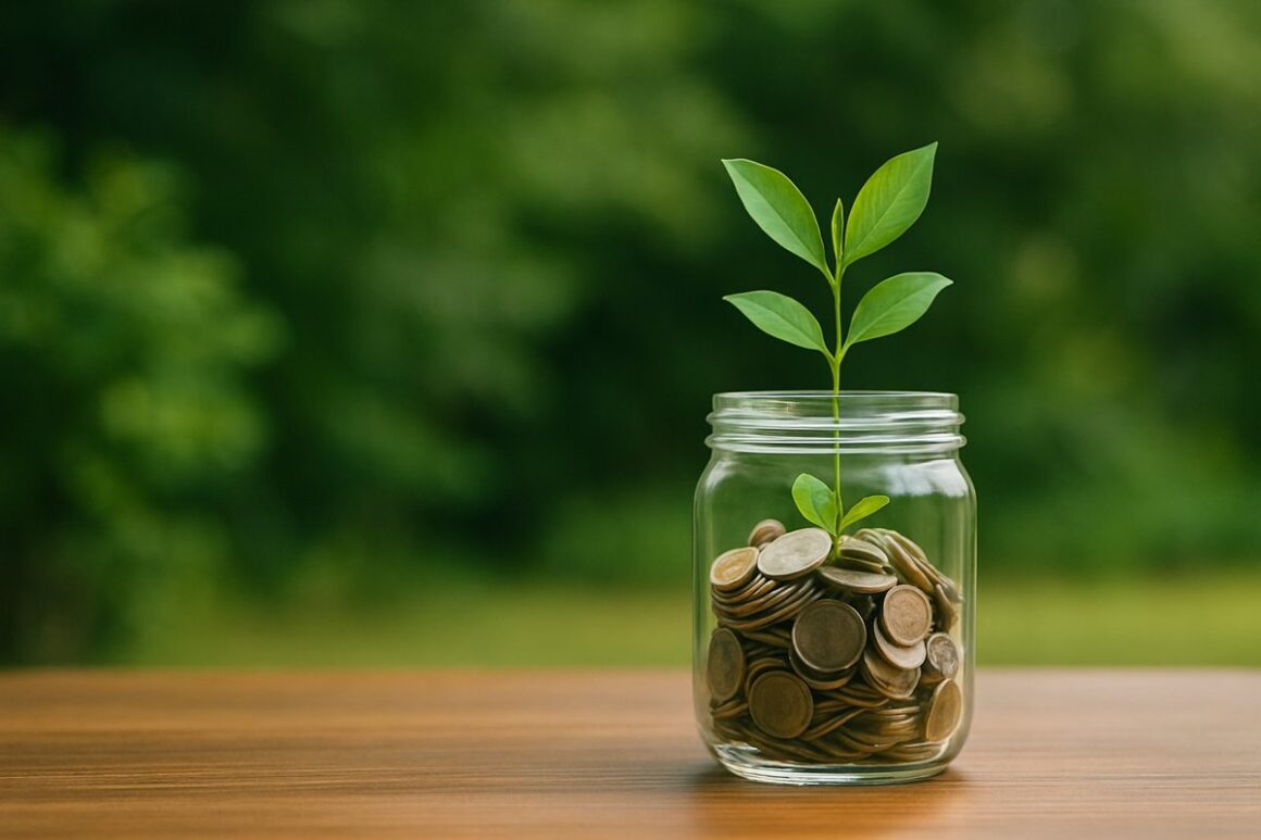 Glass jar filled with coins and a growing plant, symbolizing small business capital growth and funding opportunities