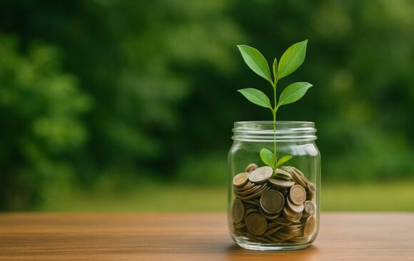 Small-Business-Funding-Growth Glass jar filled with coins and a growing plant, symbolizing small business capital growth and funding opportunities