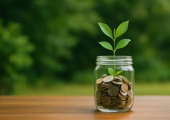 Glass jar filled with coins and a growing plant, symbolizing small business capital growth and funding opportunities
