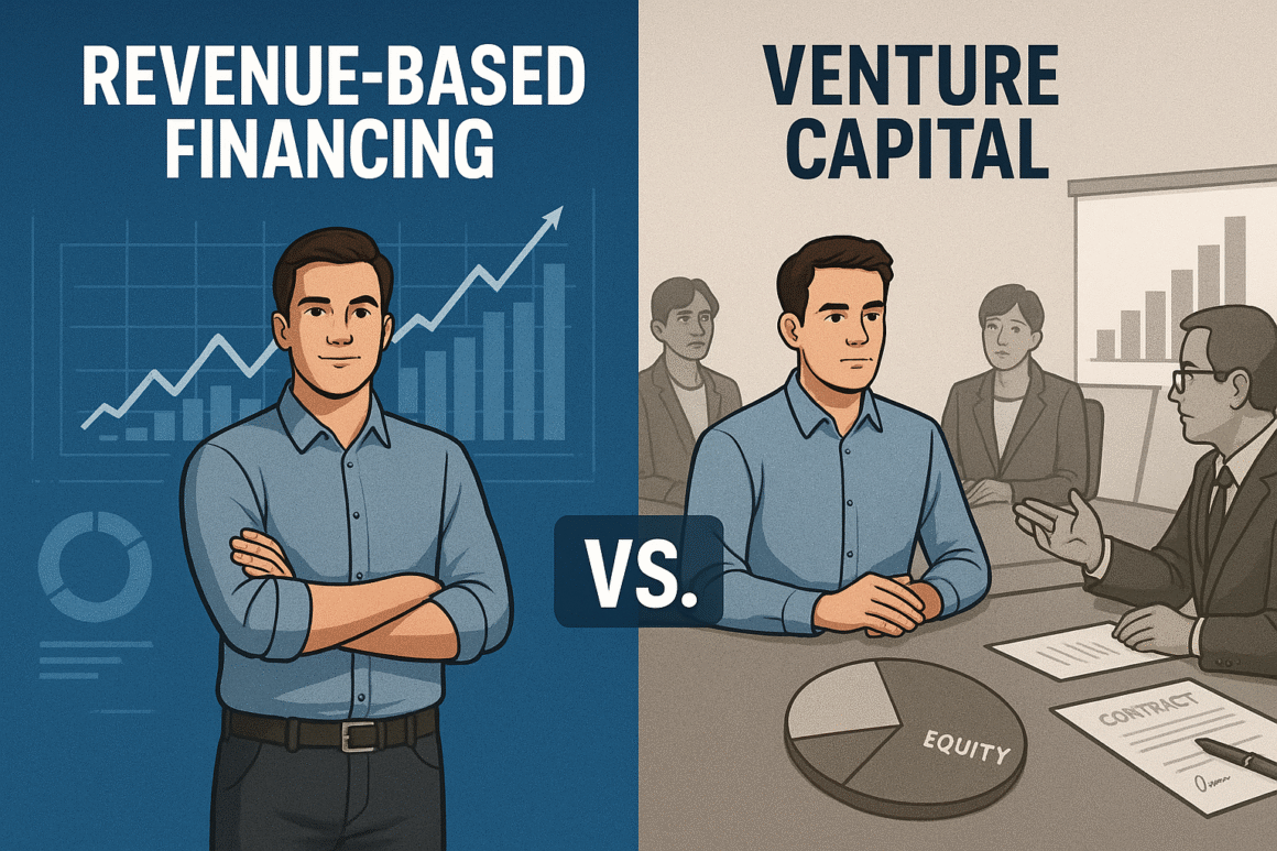 Split-screen digital illustration showing an entrepreneur evaluating Revenue-Based Financing vs. Venture Capital. Left side depicts growth charts and autonomy, right side shows a VC meeting with equity contracts.