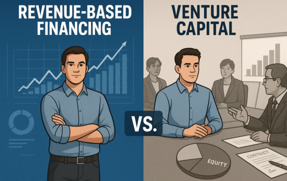Split-screen digital illustration showing an entrepreneur evaluating Revenue-Based Financing vs. Venture Capital. Left side depicts growth charts and autonomy, right side shows a VC meeting with equity contracts.