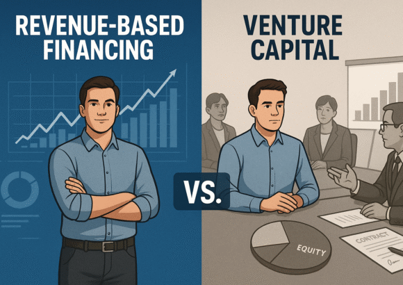 Split-screen digital illustration showing an entrepreneur evaluating Revenue-Based Financing vs. Venture Capital. Left side depicts growth charts and autonomy, right side shows a VC meeting with equity contracts.