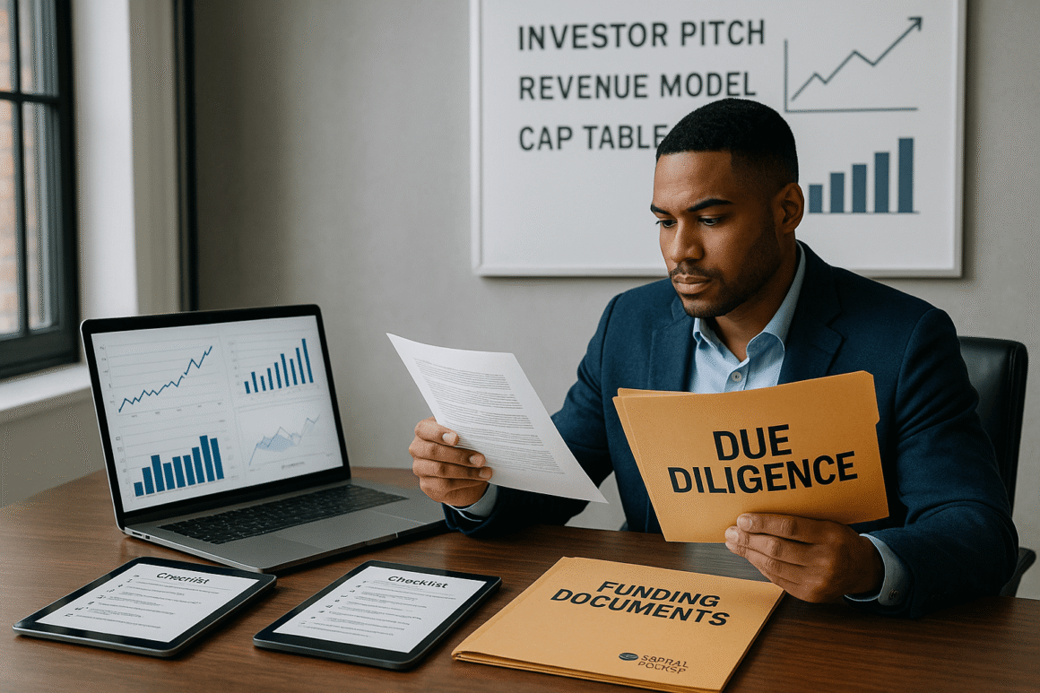 Startup founder analyzing due diligence documents and financial data at a modern office desk