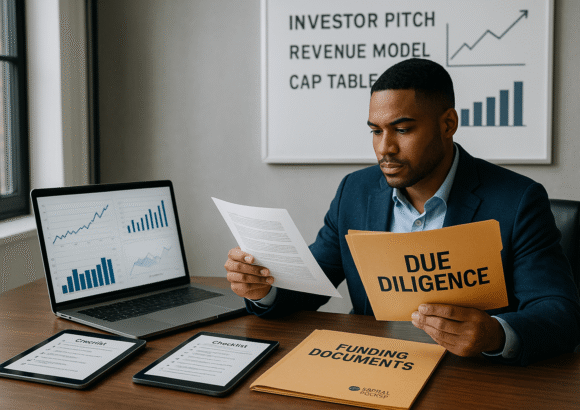Startup founder analyzing due diligence documents and financial data at a modern office desk