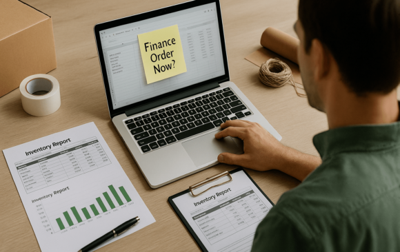 Business owner reviewing inventory reports and financing options at a desk with laptop, packaging materials, and printed inventory charts