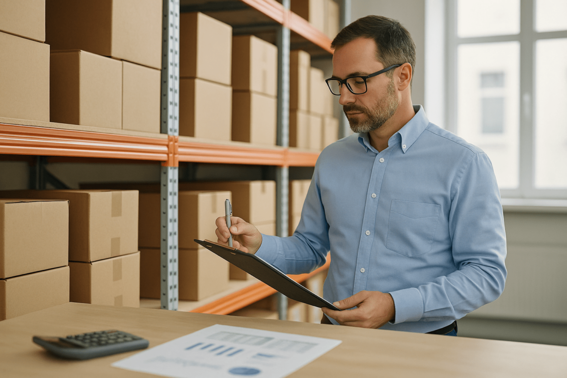 Man in warehouse reviewing inventory on clipboard with boxes and financial documents in view
