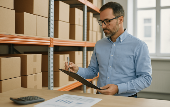 Man in warehouse reviewing inventory on clipboard with boxes and financial documents in view