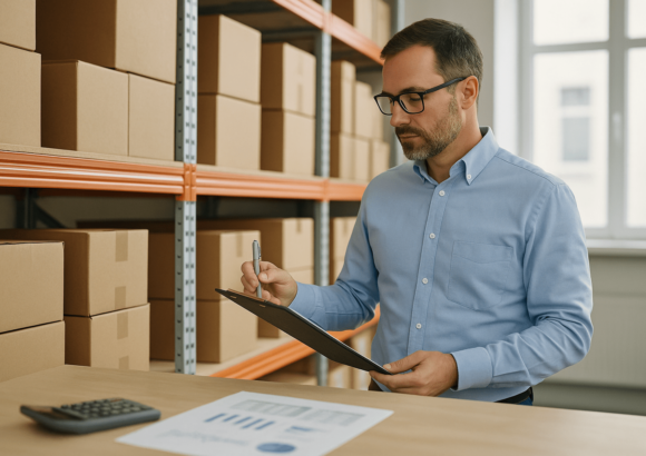 Man in warehouse reviewing inventory on clipboard with boxes and financial documents in view