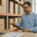 Man in warehouse reviewing inventory on clipboard with boxes and financial documents in view