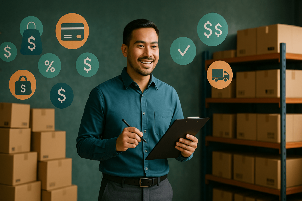 Smiling small business owner holding a clipboard in a warehouse with inventory shelves and financial icons representing funding and logistics