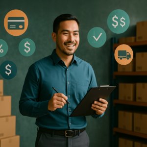 Smiling small business owner holding a clipboard in a warehouse with inventory shelves and financial icons representing funding and logistics