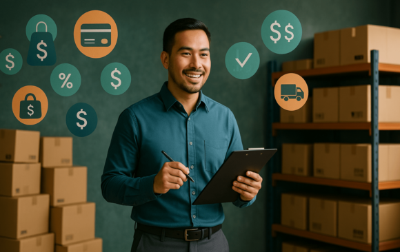Smiling small business owner holding a clipboard in a warehouse with inventory shelves and financial icons representing funding and logistics
