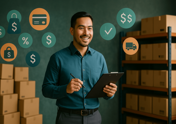 Smiling small business owner holding a clipboard in a warehouse with inventory shelves and financial icons representing funding and logistics