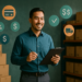 Smiling small business owner holding a clipboard in a warehouse with inventory shelves and financial icons representing funding and logistics