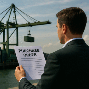 Businessman holding a purchase order at a shipping dock with cargo containers and cranes in the background