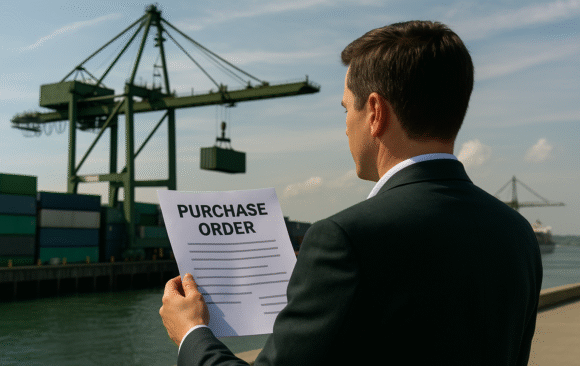 Businessman holding a purchase order at a shipping dock with cargo containers and cranes in the background