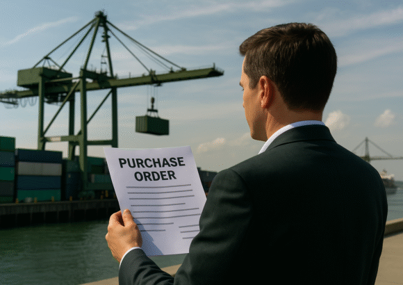 Businessman holding a purchase order at a shipping dock with cargo containers and cranes in the background