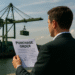 Businessman holding a purchase order at a shipping dock with cargo containers and cranes in the background