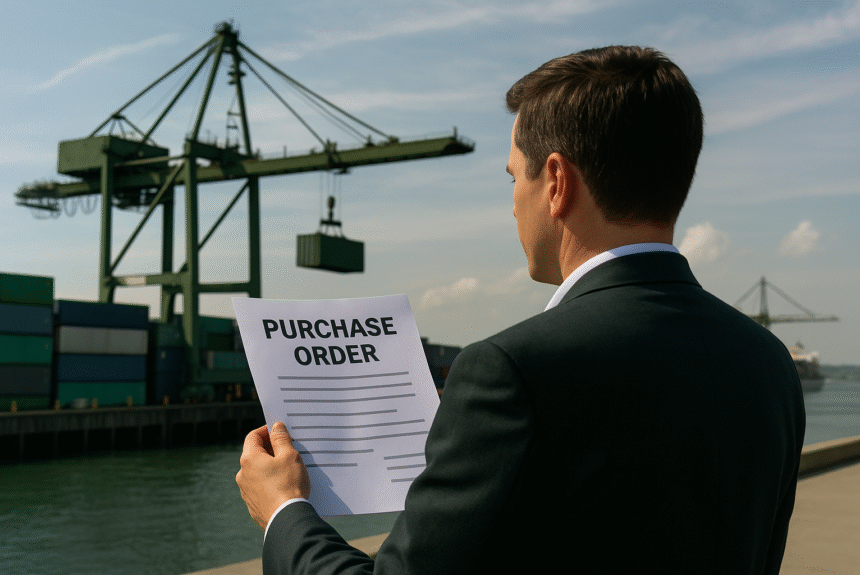 Businessman holding a purchase order at a shipping dock with cargo containers and cranes in the background