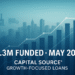 Bar chart showing $2.3 million in growth-focused loans funded by Capital Source in May 2025, with icons representing construction, logistics, and manufacturing
