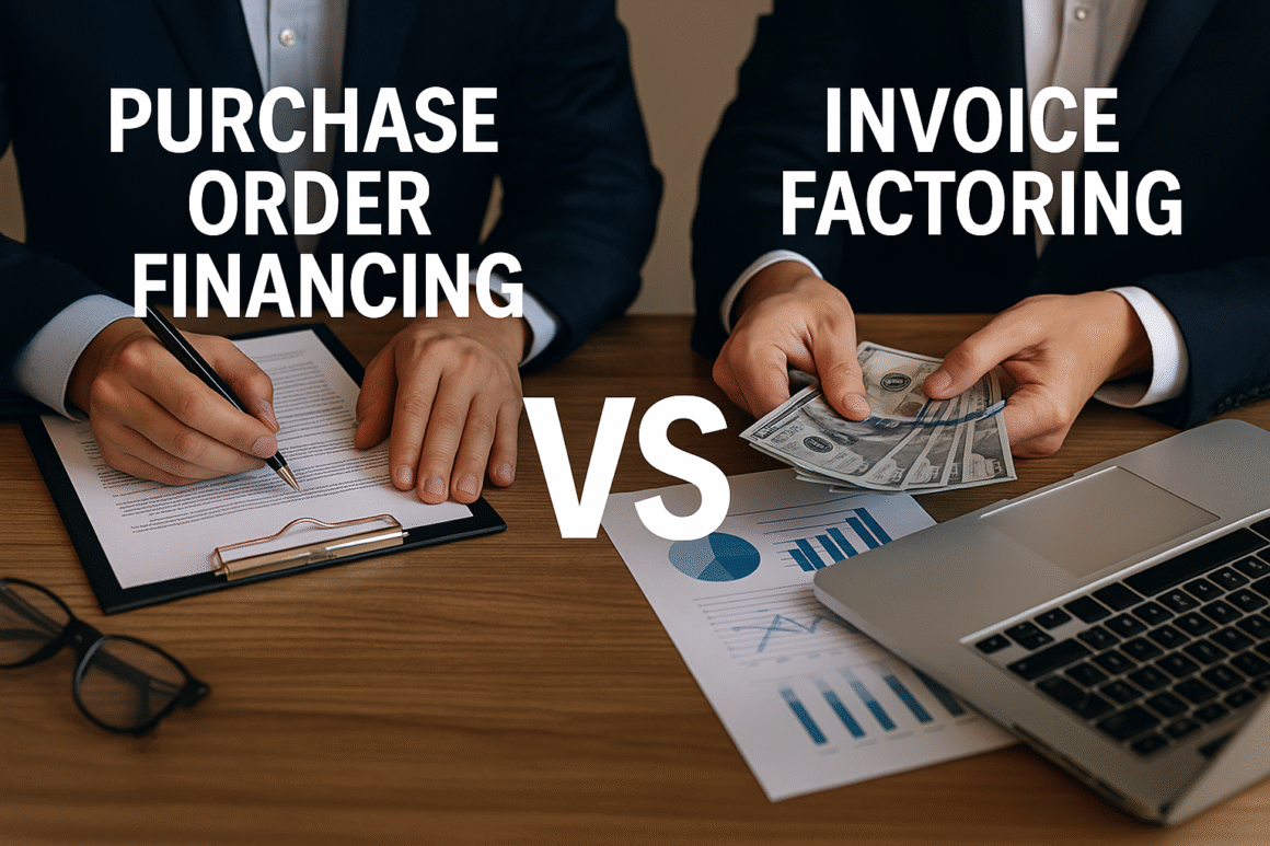 Businessperson comparing purchase order financing and invoice factoring, with one side showing a clipboard and the other handling cash, separated by a large VS graphic