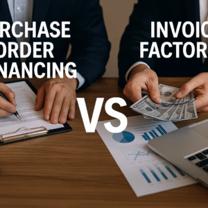 Businessperson comparing purchase order financing and invoice factoring, with one side showing a clipboard and the other handling cash, separated by a large VS graphic