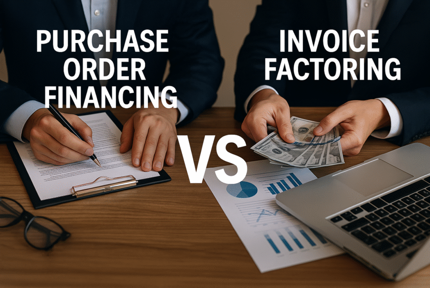 Businessperson comparing purchase order financing and invoice factoring, with one side showing a clipboard and the other handling cash, separated by a large VS graphic