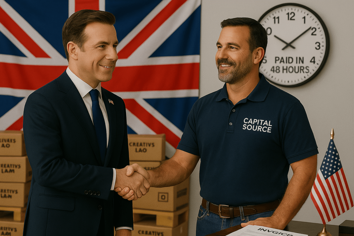 British businessman and American warehouse manager shaking hands in a US distribution center with “Paid in 48 Hours” clock and UK/US flags visible