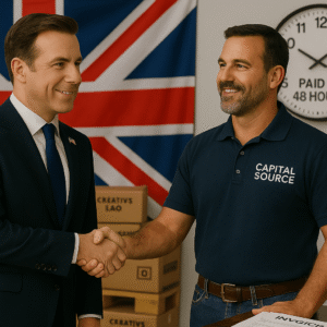 British businessman and American warehouse manager shaking hands in a US distribution center with “Paid in 48 Hours” clock and UK/US flags visible