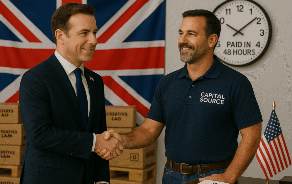Invoice Factoring for UK-Owned US Subsidiaries British businessman and American warehouse manager shaking hands in a US distribution center with “Paid in 48 Hours” clock and UK/US flags visible