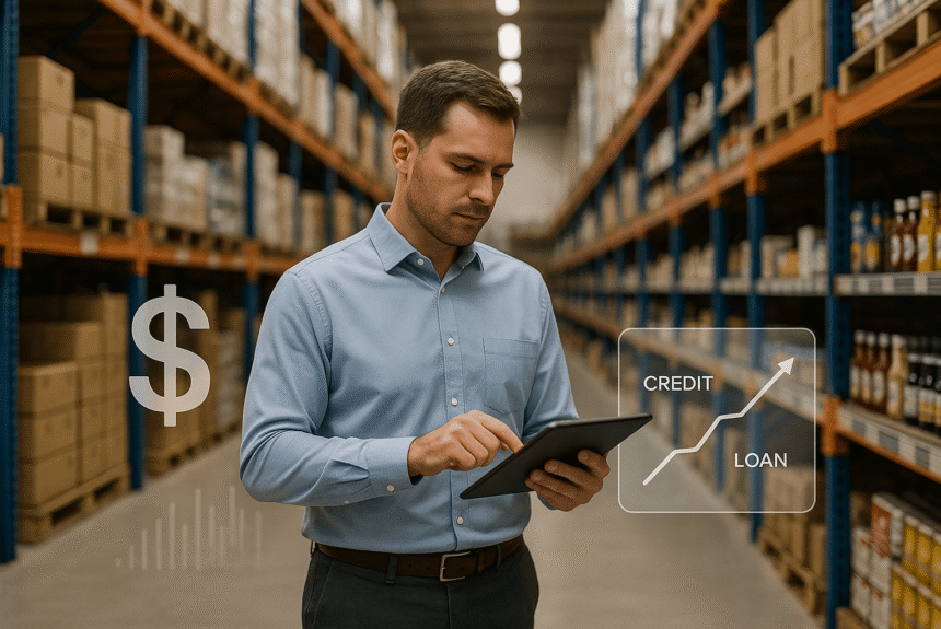 Business owner reviewing financial data on a tablet in a warehouse with shelves of inventory, featuring digital graphics comparing a credit line and a loan