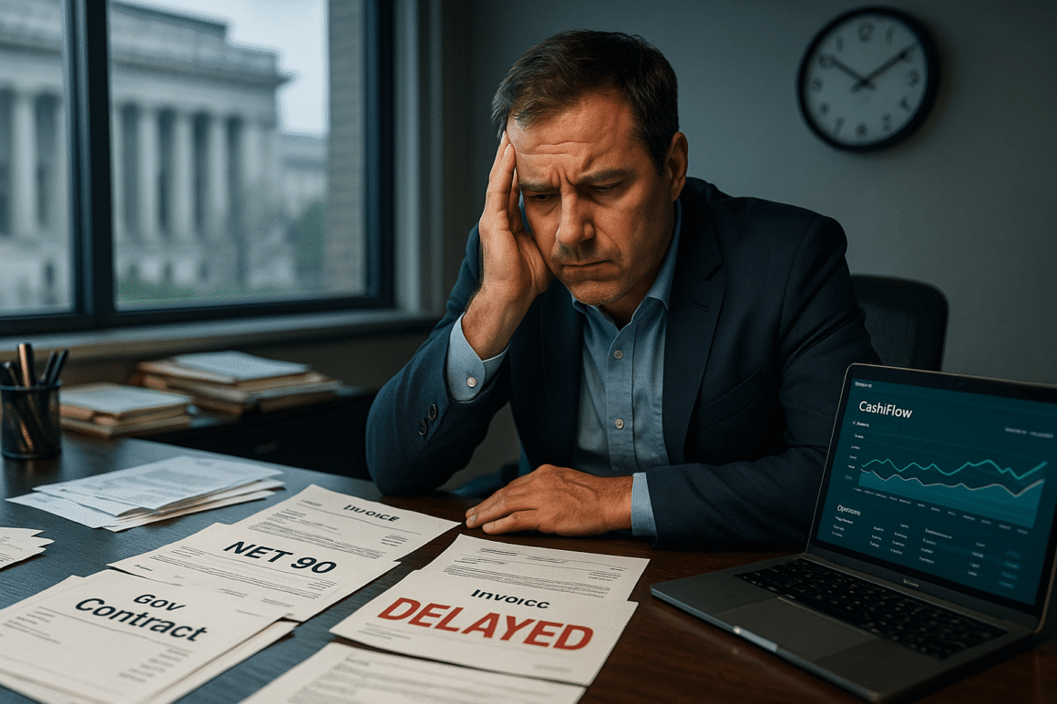 Business owner stressed over delayed government contract payments, surrounded by overdue invoices and cash flow data