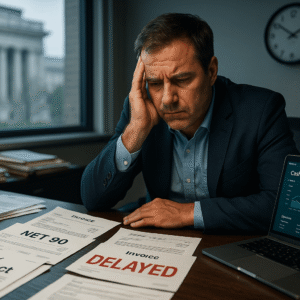 Business owner stressed over delayed government contract payments, surrounded by overdue invoices and cash flow data