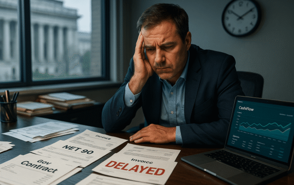Frustrated Contractor Facing Delayed Government Payments Business owner stressed over delayed government contract payments, surrounded by overdue invoices and cash flow data