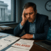 Business owner stressed over delayed government contract payments, surrounded by overdue invoices and cash flow data
