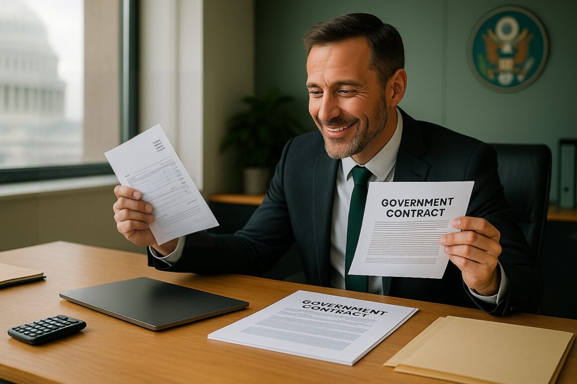 A smiling businessman in a suit holds a government contract and invoice while seated at a desk in a federal office with the U.S. Capitol visible in the background