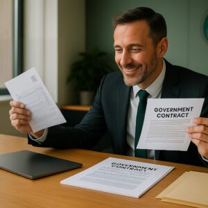 A smiling businessman in a suit holds a government contract and invoice while seated at a desk in a federal office with the U.S. Capitol visible in the background