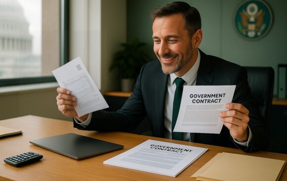 Government Contractor Reviewing Invoice and Federal Contract Documents A smiling businessman in a suit holds a government contract and invoice while seated at a desk in a federal office with the U.S. Capitol visible in the background