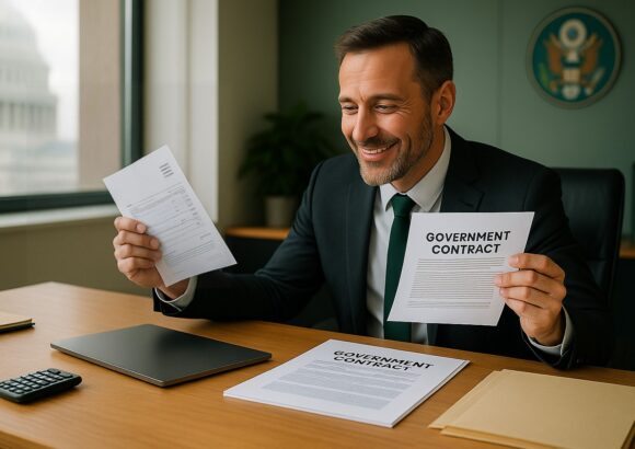 A smiling businessman in a suit holds a government contract and invoice while seated at a desk in a federal office with the U.S. Capitol visible in the background