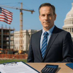 Confident government contractor in business attire standing at a construction site with U.S. Capitol and financial documents in view