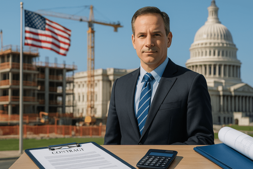 Confident government contractor in business attire standing at a construction site with U.S. Capitol and financial documents in view
