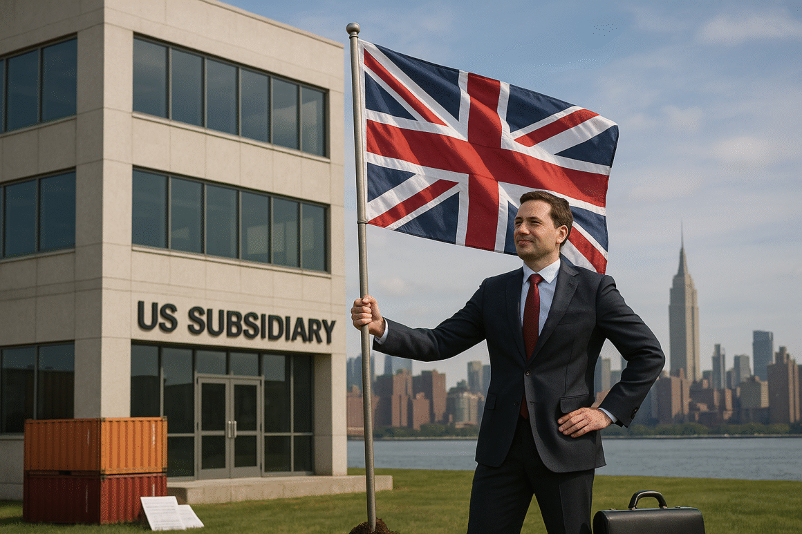 British businessman in front of US Subsidiary building holding UK flag, New York skyline in background