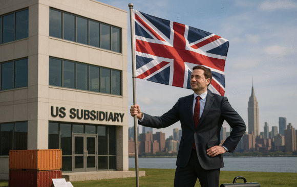 How to fund a UK Business US Subsidiary British businessman in front of US Subsidiary building holding UK flag, New York skyline in background
