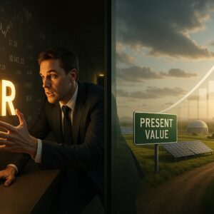 A businessman reaching for a glowing APR sign while ignoring a brighter future labeled “Present Value” beyond a glass wall, symbolizing short-term vs. long-term financial thinking