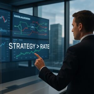 Business professional analyzing digital financial data in a high-tech capital strategy room with “Strategy > Rate” on screen.