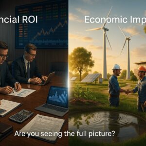 A split-screen image contrasting a corporate boardroom focused on financial ROI with a renewable energy site symbolizing economic impact and societal value