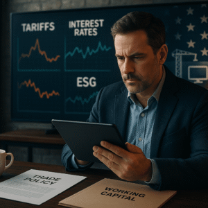 Businessman reviewing funding strategy with trade policy graphs on screen, including tariffs, interest rates, and ESG trends
