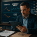 Businessman reviewing funding strategy with trade policy graphs on screen, including tariffs, interest rates, and ESG trends